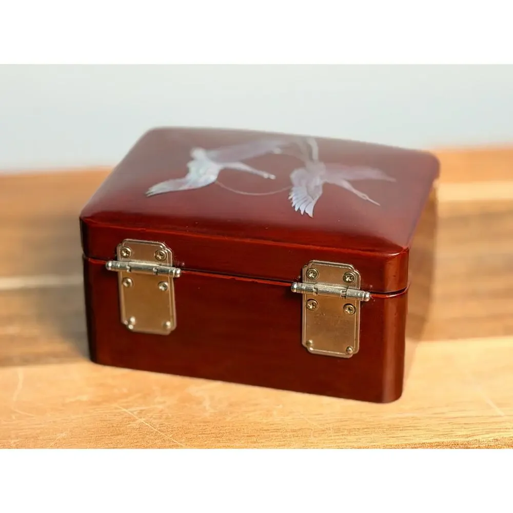 Vintage Lacquer Jewelry Box: Cranes, Turtle Clasp, Red Velvet Lined Asian Decor